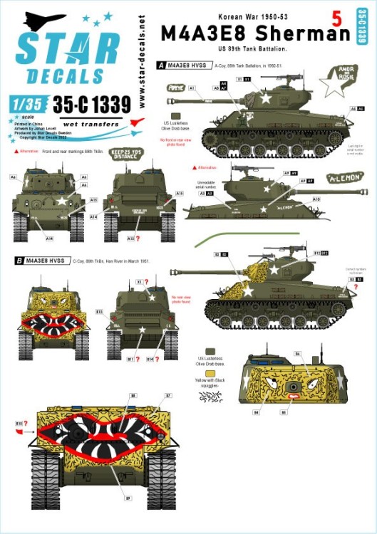 Star Decals 35-C1339 Korean War - M4A3E8 Sherman # 5.89th Tk Bn Easy Eight Shermans in Korea. With and without tiger face 1/35