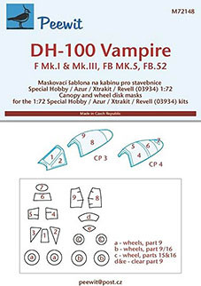 Peewit PW-M72148 1/72 Canopy mask DH-100 Vampire (SP.HOB/AZUR/REV)