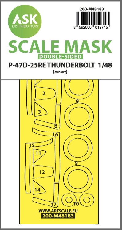 Art Scale 200-M48183 REPUBLIC P-47D-25RE THUNDERBOLT wheels and canopy frame paint mask (inside and outside) 1/48