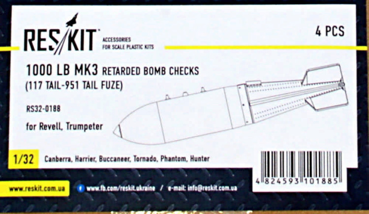 Reskit RS32-0188 1000 lb MK3 retarded bomb checks (4 pcs.) 1/32