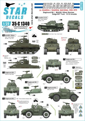 Star Decals 35-C1340 Nicaragua # 1. Guarda Nacional 1925-1979. Staghound, M4A3E8 105mm Sherman, Dodge M37 Truck, CV.33 Ansaldo 1/35