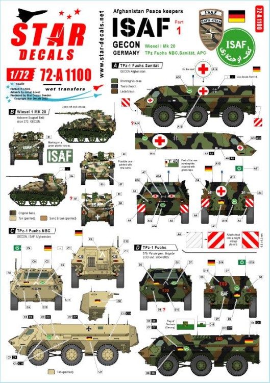 Star Decals 72-A1100 ISAF-Afghanistan # 1.GECON - Peacekeepers from Germany.Wiesel I MK 20, Fuchs APC, Fuchs NBC, Fuchs SanitГ¤t vehicle 1/72