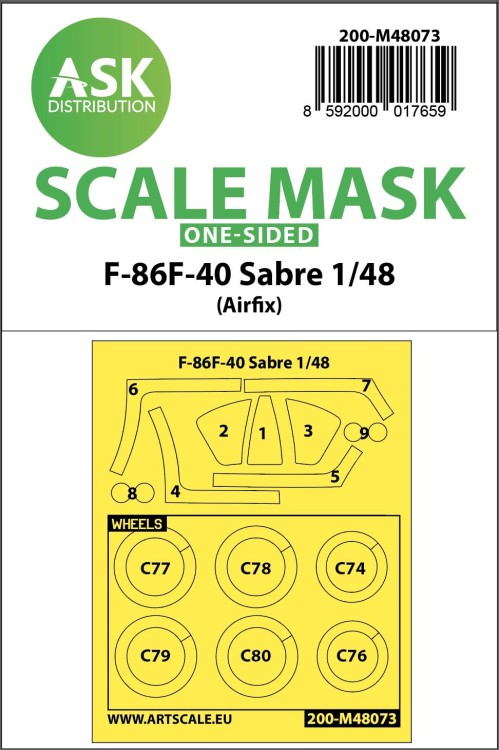 Art Scale 200-M48073 North-American F-86F-40 Sabre wheels and canopy frame paint mask (outside only) 1/48