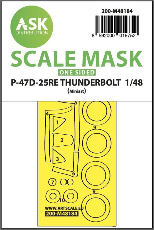 Art Scale 200-M48184 REPUBLIC P-47D-25RE THUNDERBOLT wheels and canopy frame paint mask (outside only) 1/48