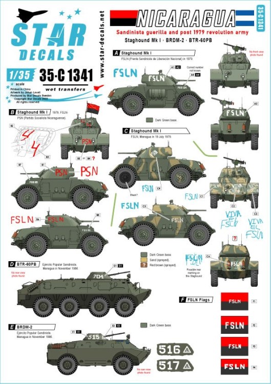 Star Decals 35-C1341 Nicaragua # 2. Sandinista guerilla and the post 1979 revolution army. Staghound Mk.I, BRDM-2, BTR-60PB [Soviet] 1/35