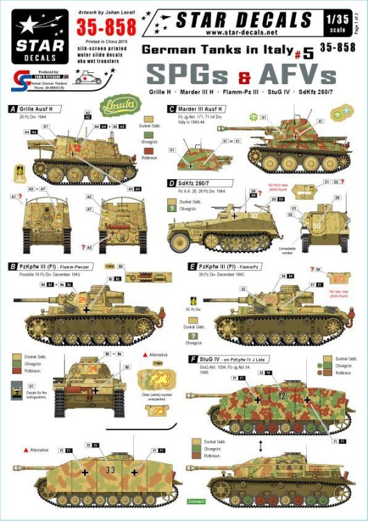 Star Decals STAR35858 SPGs and AFVs. Grille Ausf.H, Marder III Ausf.H Flamm-Pz.Kpfw.III Sturmgeschutz/StuG.IV, German Sd.Kfz.250/7 1/35