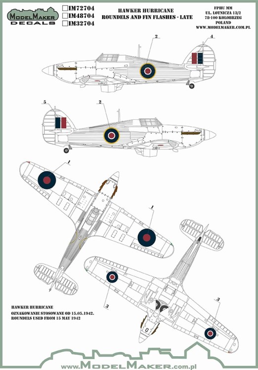 Model Maker Decals IM72704 Hawker Hurricane roundels and fin flashes-LATE 1/72