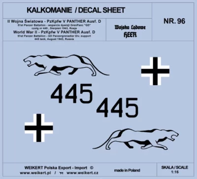 Weikert Decals 296 PzKpfw. V PANTHER Ausf. D No.445 51st Battal. 1/16
