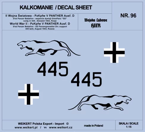 Weikert Decals 296 PzKpfw. V PANTHER Ausf. D No.445 51st Battal. 1/16