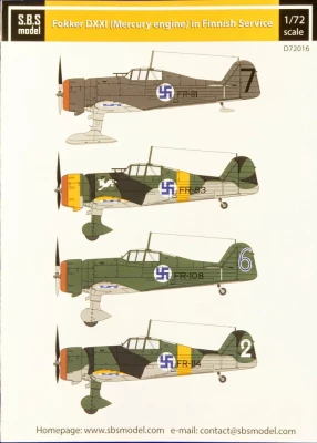 Sbs Model D72016 Decal Fokker DXXI Mercury in Finnish service 1/72