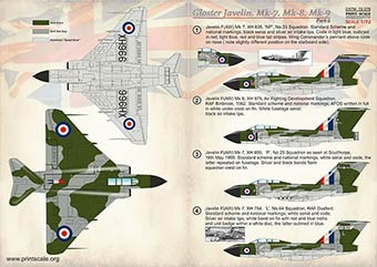 Print Scale 72-376 Gloster Javelin Mk.7, Mk.8, Mk.9 (wet decals) 1/72