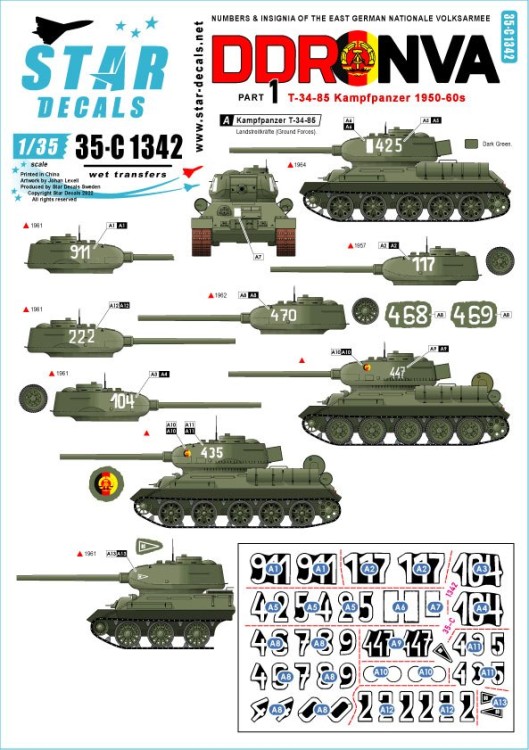 Star Decals 35-C1342 DDR-NVA # 1. East Germany. T-34-85 Kampfpanzer 1950-60s [Soviet] 1/35