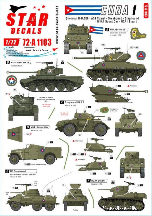 Star Decals 72-A1103 Tanks & AFVs in Cuba # 1.M4A3E8 Sherman, A34 Comet, Staghound, Greyhound, M3A1 White Scout Car, M3A1 Stuart 1/72