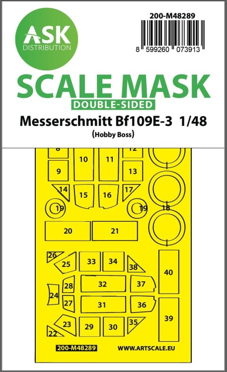 Art Scale 200-M48289 Messerschmitt Bf-109E-3 wheels and canopy frame paint mask (inside and outside) 1/48