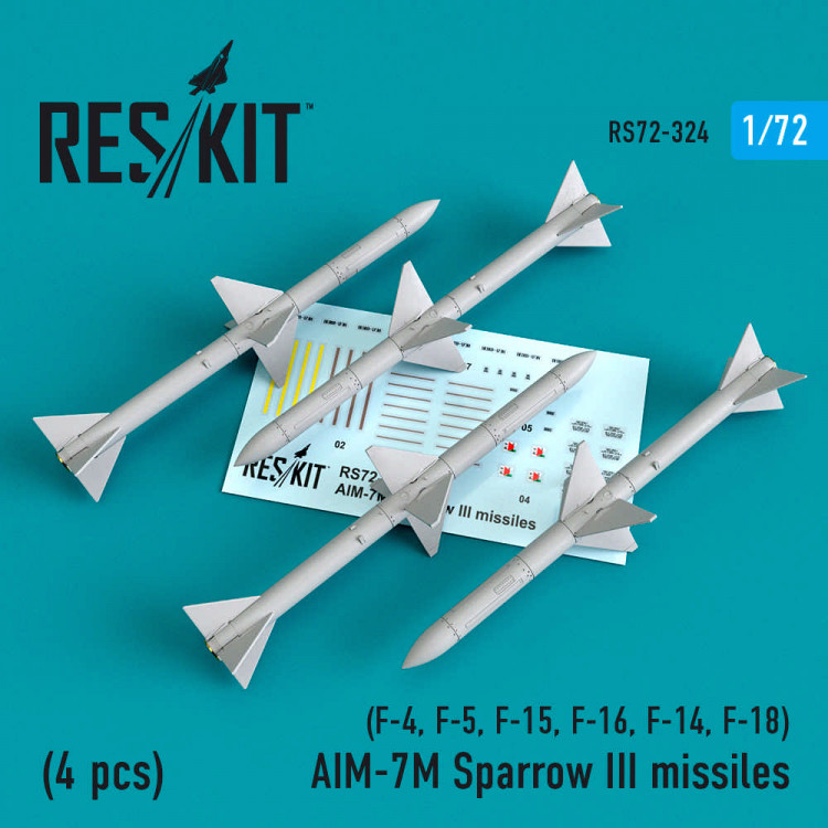 Reskit RS72-0324 AIM-7M Sparrow III missiles (4pcs) (F-4, F-5, F-15, F-16, F-14, F-18) Revell, Tamiya, Hasegawa, FineMolds, Italeri, Academy Fujimi 1/72
