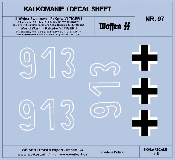 Weikert Decals 297 PzKpfw. VI TIGER I - 913 tank Unt.Neff, 1944 1/16