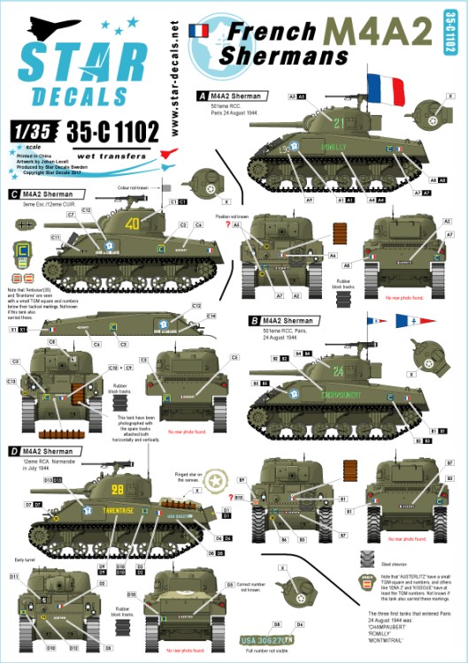 Star Decals 35-C1102 French Shermans # 1. M4A2 Sherman in normandie and Paris 1944. 501e RCC, 12eme CUIR 1/35