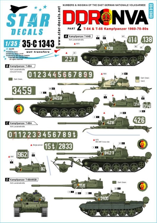 Star Decals 35-C1343 DDR-NVA # 2. East Germany. T-54 & T-55 Kampfpanzer 1960-70-80s. Generic large numbers, and national insignia [Soviet] 1/35