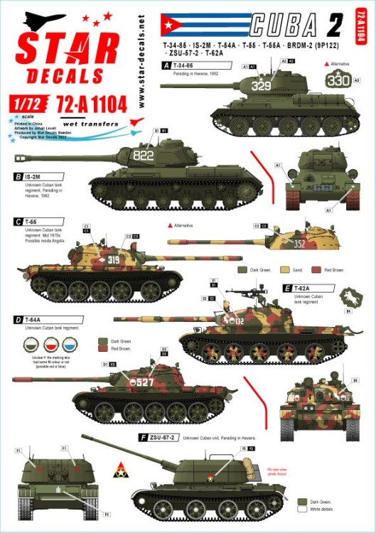 Star Decals 72-A1104 Tanks & AFVs in Cuba # 2.T-34/85, IS-2M, T-54A, T-55, T-55A, T-62A, ZSU-57-2, BRDM-2 (9P122). [Soviet] 1/72