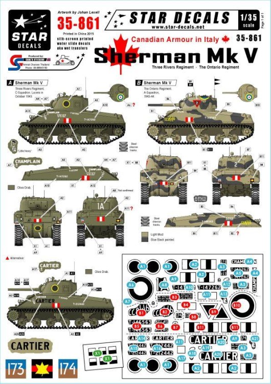 Star Decals STAR35861 Three Rivers Regiment.Ontario RegimentSherman Mk.V. Chaplain, Cartier, Atlas 1/35