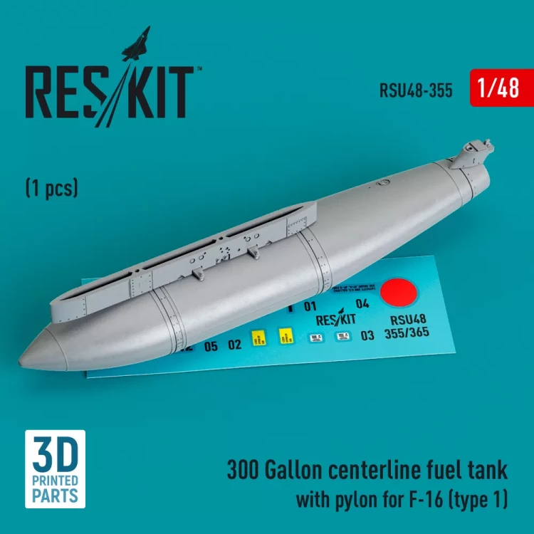 Reskit RSU48355 300 Gal.centerl.fuel tank w/ pyl. F-16 type 1 1/48