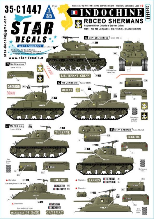 Star Decals 35-C1447 Indochine # 9 R.B.C.E.O Shermans M4, MA1, M4 Composite, M4(105mm), M4A1E8(76mm) Sherman 1/35