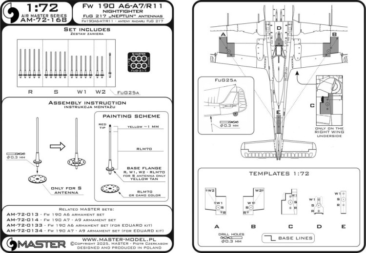 Master (Pl) 72168 Fw190 A6-A7/R11 Nightfighter FuG217 antennas 1/72