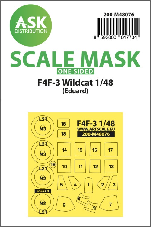 Art Scale 200-M48076 Grumman F4F-3 Wildcat wheels and canopy frame paint mask (outside only) 1/48