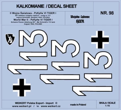 Weikert Decals 298 PzKpfw. VI TIGER I - 113 Mjr Schmidt, 1944 1/16