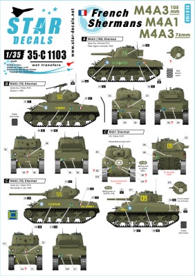 Star Decals 35-C1103 French Shermans # 2. M4A3, M4A3 105mm, M4A3 76mm. 501e RCC, 12eme CUIR, 12eme RCA 1/35