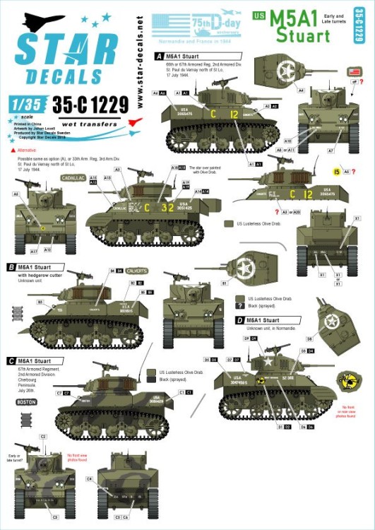 Star Decals 35-C1229 US M5A1 Stuart. 75th-D-Day-Special.Normandy and France in 1944.Early and Late turrets. 67th Armored Division, 67th Armored Regiment 1/35