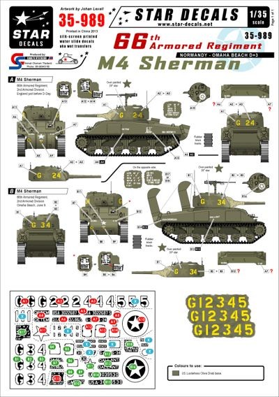 Star Decals STAR35989 U.S. 66th Armored Regiment in Normandy. M4 Sherman 1/35