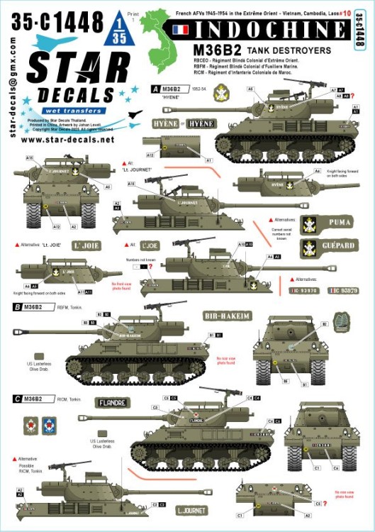 Star Decals 35-C1448 Indochine # 10 French M36B2 Tank Destroyers R.B.C.E.O , R.B.F.M and R.I.C.M 1/35