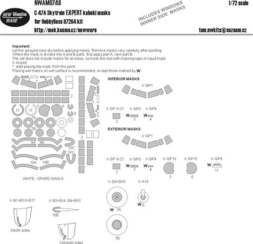 New Ware NWA-M0748 1/72 Mask C-47A Skytrain EXPERT (HOBBYB 87264)