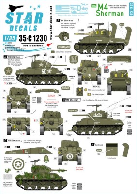 Star Decals 35-C1230 US M4 Sherman. 75th-D-Day-Special. Normandy and France in 1944.66th Armored Regiment, 15th Tank Battalion, 70th Tank Battalion, 81st Tank Battalion 1/35