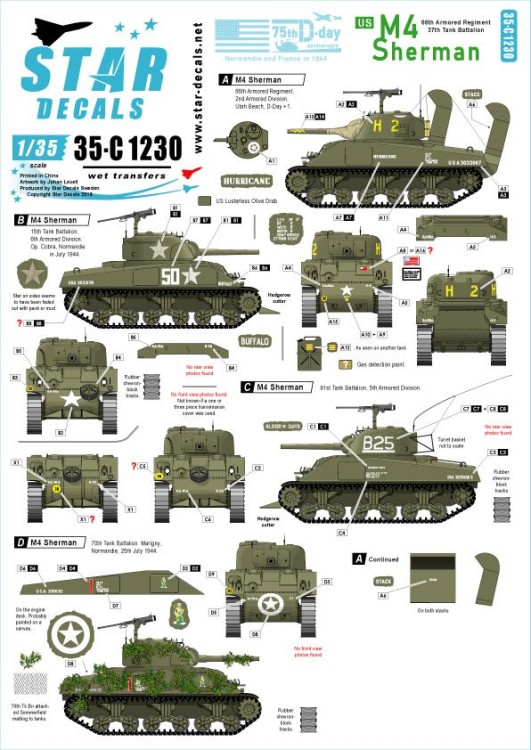 Star Decals 35-C1230 US M4 Sherman. 75th-D-Day-Special. Normandy and France in 1944.66th Armored Regiment, 15th Tank Battalion, 70th Tank Battalion, 81st Tank Battalion 1/35