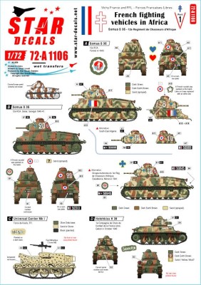 Star Decals 72-A1106 French Fighting Vehicles in Africa # 1.Vichy France and the FFL - Forces Francaises Libres.Somua S 35, Hotchkiss H 39, Renault FT-17, Universal Carrier Mk.I 1/72