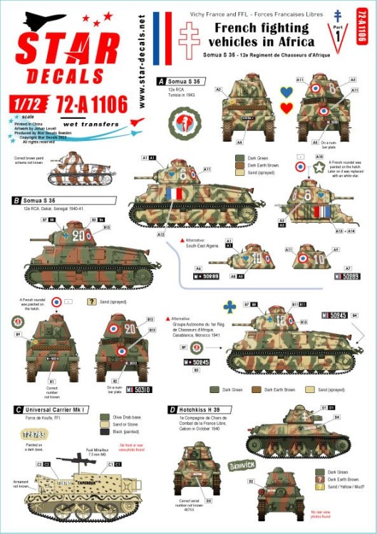 Star Decals 72-A1106 French Fighting Vehicles in Africa # 1.Vichy France and the FFL - Forces Francaises Libres.Somua S 35, Hotchkiss H 39, Renault FT-17, Universal Carrier Mk.I 1/72