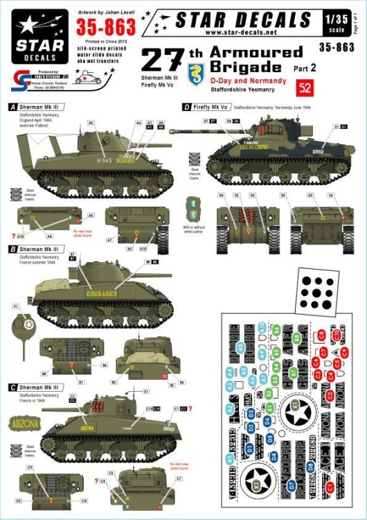 Star Decals STAR35863 27th Armoured Brigade, D-Day and Normandy.Staffordshire YeomanrySherman Mk.III. Bobbie, Crusader, Arizona Ace II.Firefly Mk.Vc. Belvedere 1/35