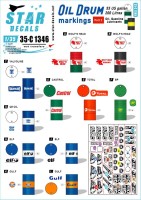 Star Decals 35-C1346 Oil Drum markings # 2. 55 US Gallon / 200 litres drums. Wolf's Head, Valvoline,Castrol, Total, Q8 Oils, BP, Gulf, Elf 1/35
