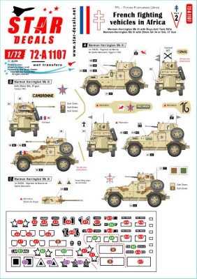 Star Decals 72-A1107 French Fighting Vehicles in Africa # 2.FFL - Forces Francaises Libres.Marmon Herrington Mk.III with Boys Anti-Tank rifle, Marmon Herrington Mk.III with 25mm SA 34 or SAL 37 gun 1/72