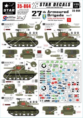 Star Decals STAR35864 27th Armoured Brigade, D-Day and Normandy.13th/18th Royal HussarsSherman Mk.III. 10-Balaclava, 66-Conquest, 70-Cavalier, 77-Comrade 1/35