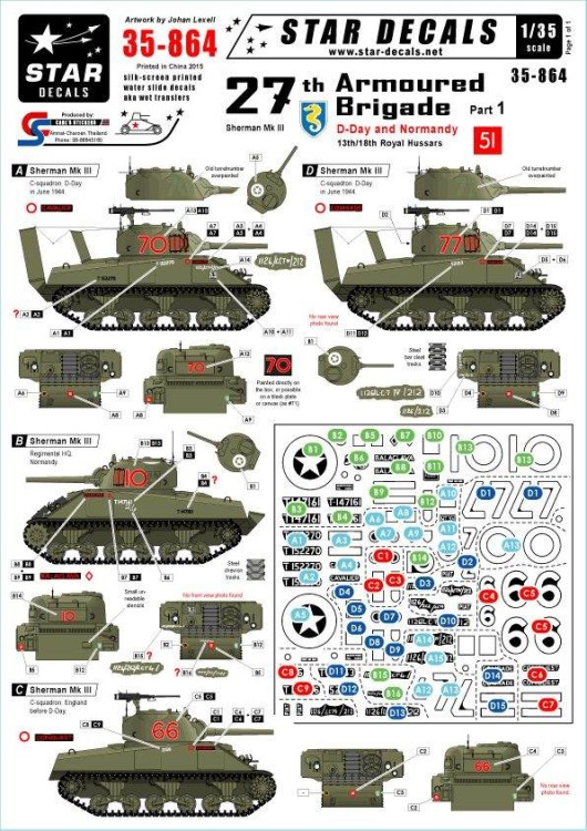 Star Decals STAR35864 27th Armoured Brigade, D-Day and Normandy.13th/18th Royal HussarsSherman Mk.III. 10-Balaclava, 66-Conquest, 70-Cavalier, 77-Comrade 1/35