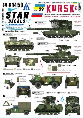 Star Decals 35-C1450 War in Ukraine # 29 Kursk (2) Ukrainian Tanks inside Russia 2024-25 T-80BVM, M113A2, FV432 Mk 2, Renault VAB 1/35