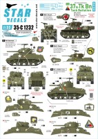 Star Decals 35-C1232 US 37th Tank Battalion. 75th-D-Day-Special. Normandy and France in 1944.37th Tk Bn / 4th Armored Division.Some of the very colourful artwork used in this Battalion.No stars included 1/35