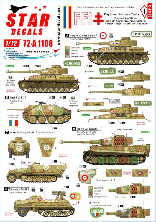 Star Decals 72-A1108 FFI # 1. Captured German Tanks. Pz.Kpfw.IV Ausf.H Late , Sd.Kfz.251 D, Panzerwerfer 42, Tiger I , JagdPz 38(t) Hetzer 1/72
