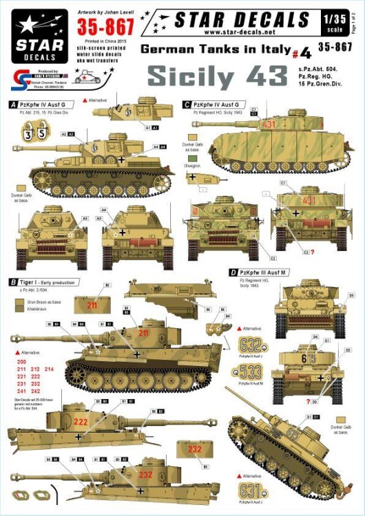 Star Decals STAR35867 German Tanks in Italy #4 - Sicily 43. s.Pz.Abt. 504, 15 Pz.Gren.Div, Pz.Div. HG. Pz.Kpfw.IV Ausf.G and H, Pz.Kpfw.VI Tiger I Early, Pz.Kpfw.III Ausf.M, Sturmgeschutz/StuG.III F/8. s.Pz.Abt. 504, Pz.Regiment HG, 15 Pz.Gren.Div 1/35