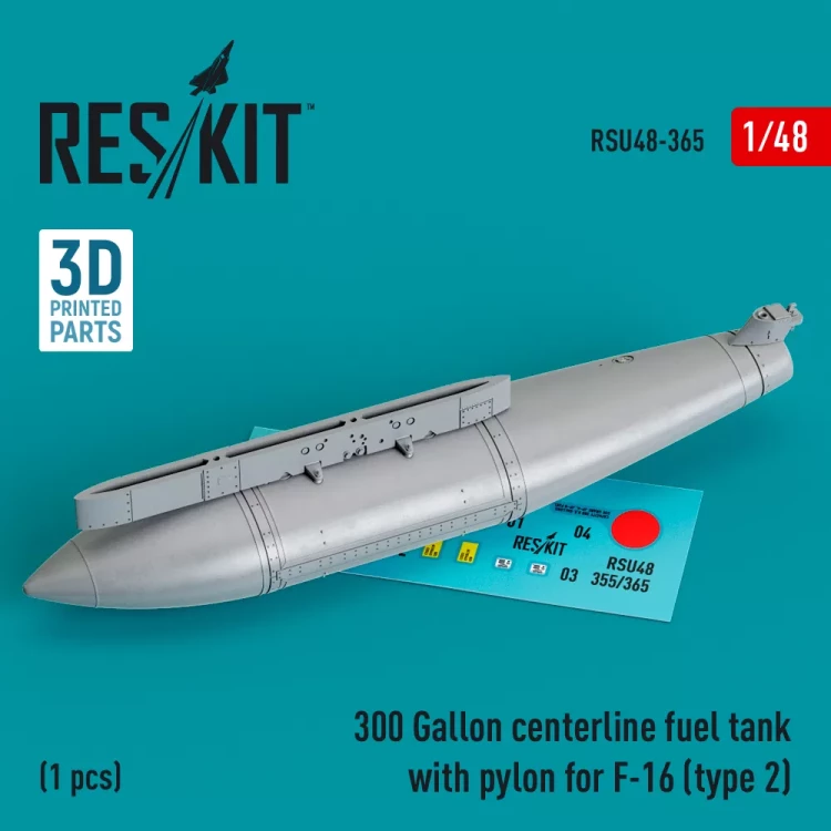Reskit RSU48365 300 Gal.centerl.fuel tank w/ pyl. F-16 type 2 1/48