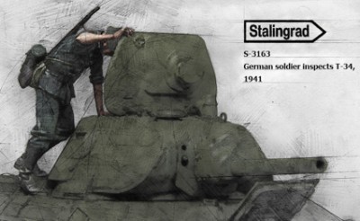 Stalingrad 3163 German soldier inspects T-34