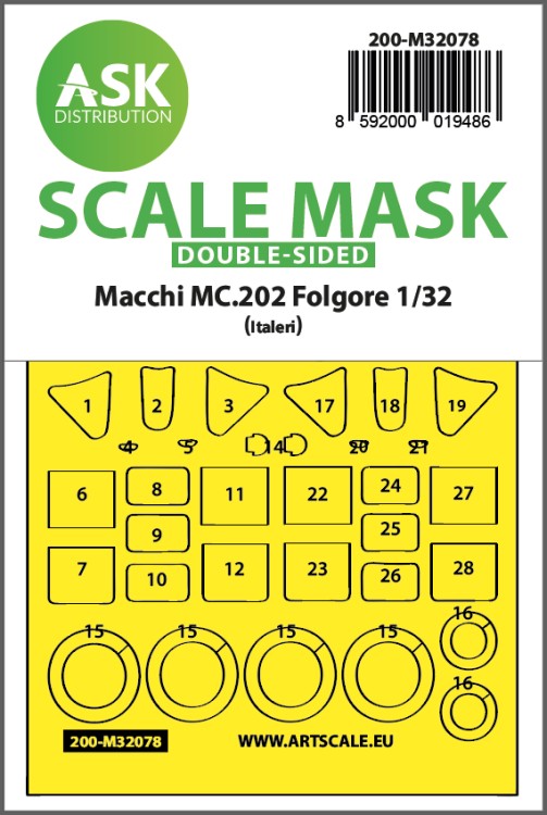 Art Scale 200-M32078 Macchi C.202 Folgore wheels and canopy frame paint mask (inside and outside) 1/32